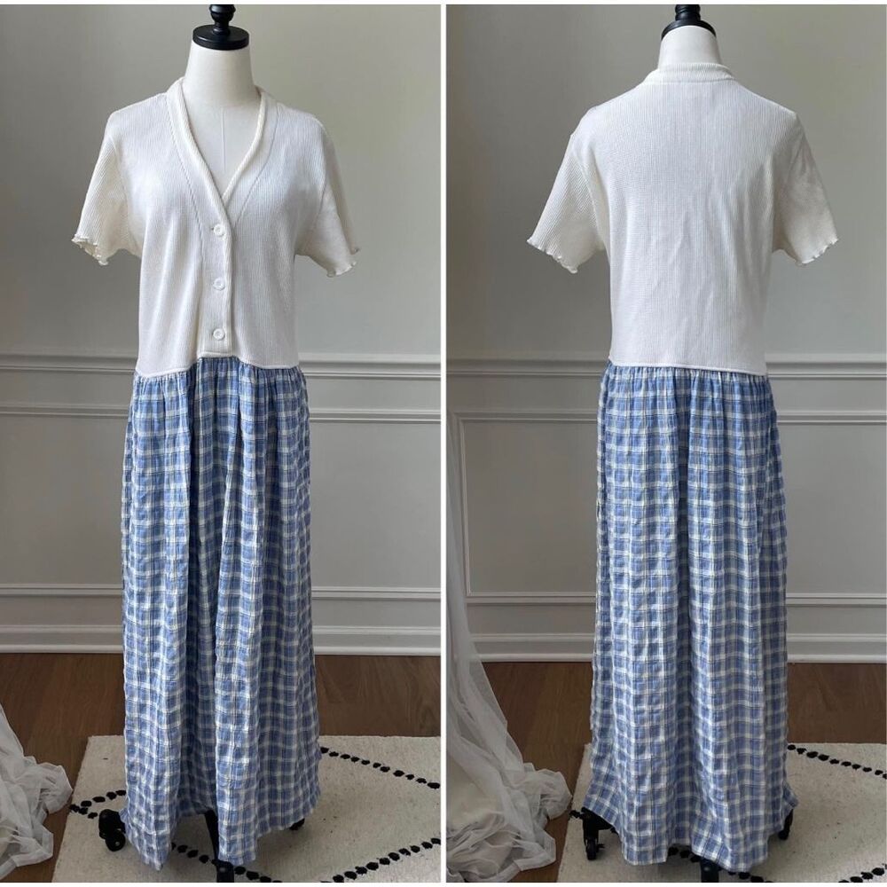 Vintage 80s 90s Barbara Lesser Maxi Dress Cottagecore Thermal Seersucker Cabinco